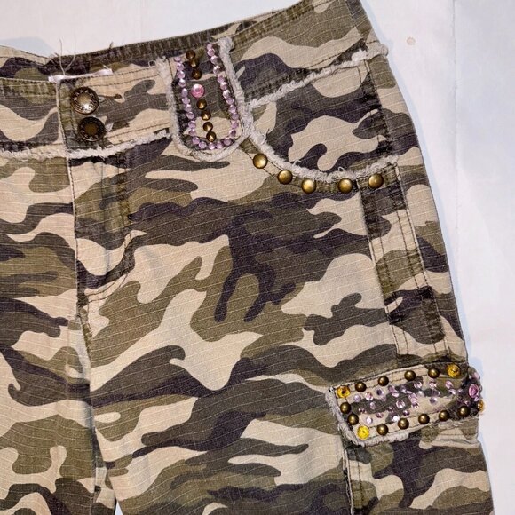 Handi Y2k Army Camo Cargo Capri Pants Bedazzled Jewel Drawstring Cuffs Size 30" - Picture 7 of 11